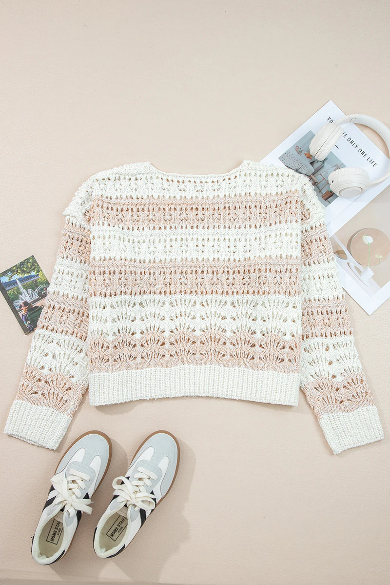 Load image into Gallery viewer, DLLS193 - Ladies Pink Hollow-out Colorblock Drop Shoulder Casual Sweater

