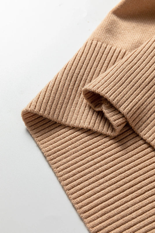 DLLS373- Ladies Light French Beige Solid Color Knit Short Puff Sleeve Sweater