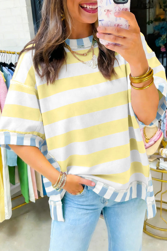 DLLS627 - Ladies Yellow Stripe Exposed Seam Contrast Patchwork Oversized Top