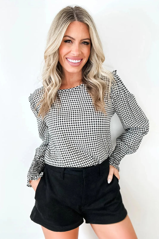 DLLS818 - Ladies Black Plaid Shirred Cuff Long Sleeve Round Neck Blouse