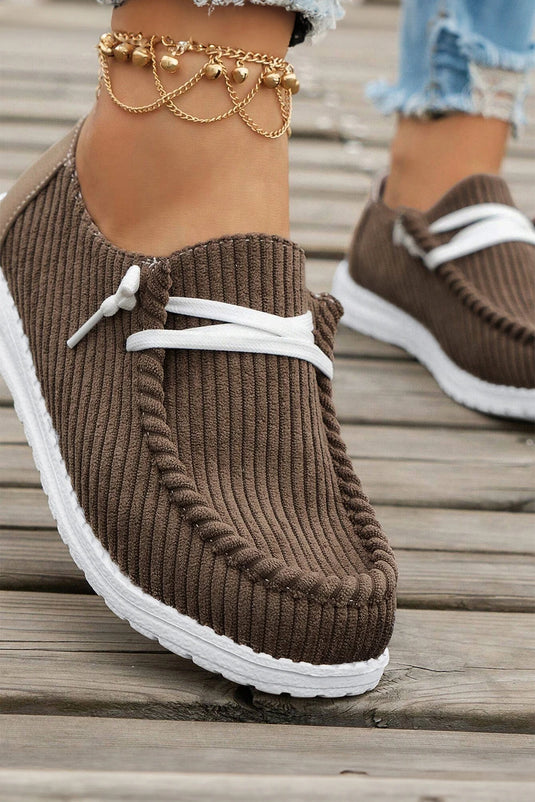 DLLSHOE 43  - Coffee Solid Ribbed Criss Cross Slip On Casual Shoes