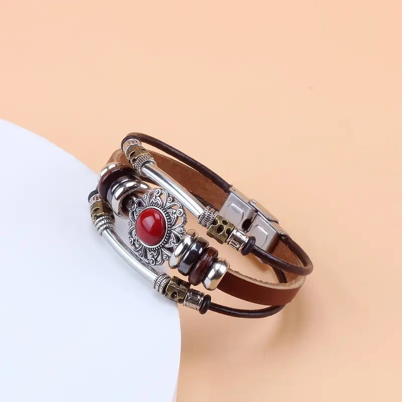 Load image into Gallery viewer, TMBC27 - Beaded PU Leather Bracelet w/Red Mosaic Stone
