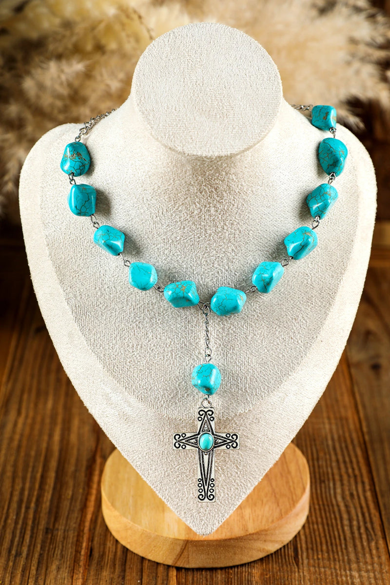 Load image into Gallery viewer, DLLNK 2 - Peacock Blue Turquoise Cross Pendant Necklace
