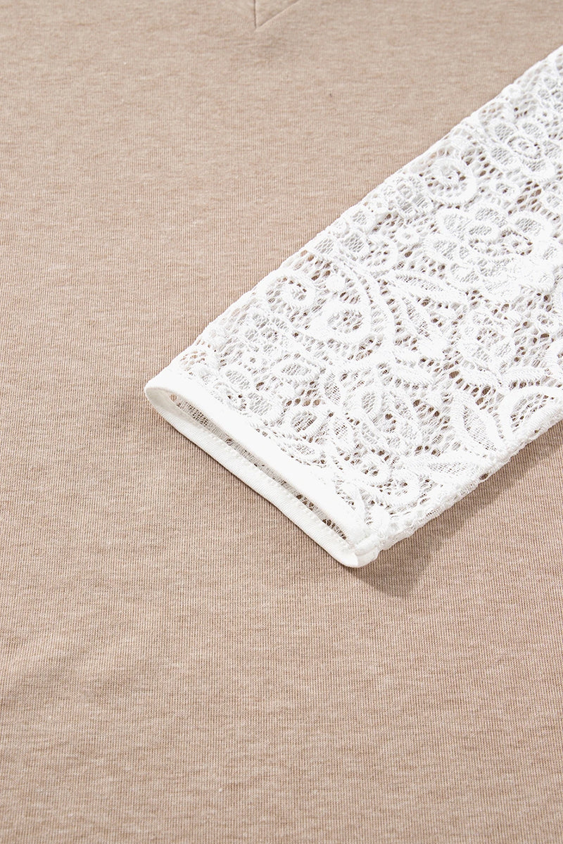 Load image into Gallery viewer, DLLS270 - Ladies Oatmeal V Neck Contrast Lace Patchwork Long Sleeve Top
