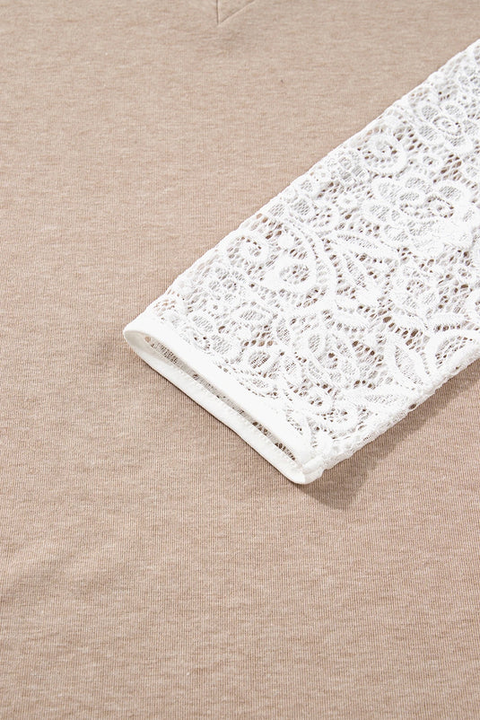 DLLS270 - Ladies Oatmeal V Neck Contrast Lace Patchwork Long Sleeve Top