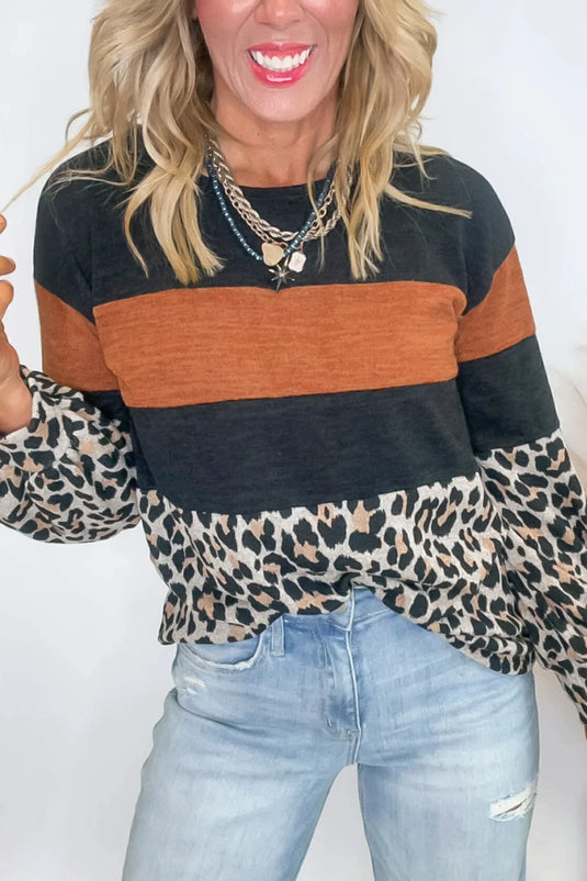 DLLS315 - Ladies Black Color Block Leopard Patchwork Long Sleeve Casual Top