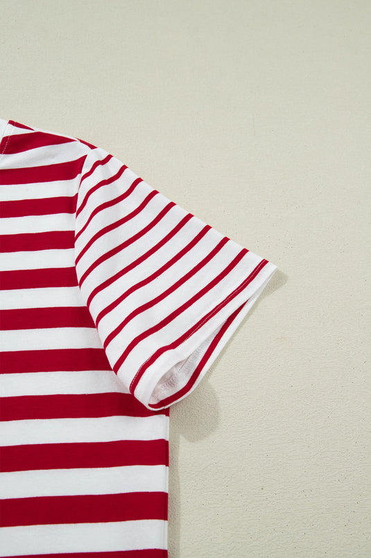 DLLS530 - Ladies Red Stripe Patchwork Round Neck T Shirt