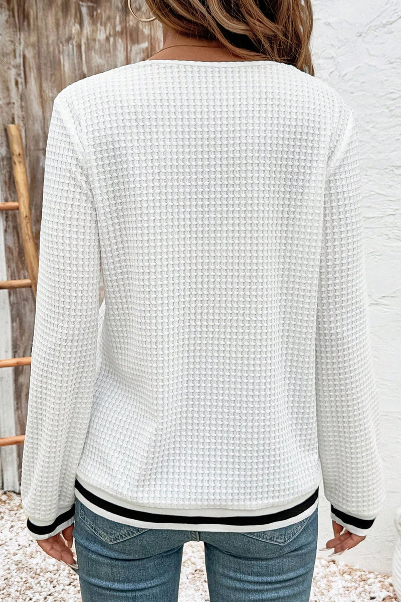 Load image into Gallery viewer, DLLS331 - Ladies White Textured Knit Preppy Striped Trim V Neck Pullover Waffle Top
