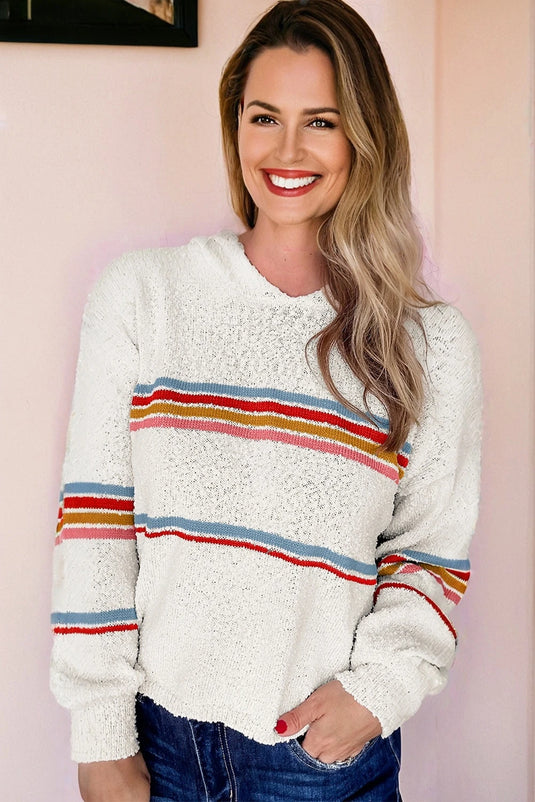 DLLS332 - Ladies White Multicolored Striped Accent Hooded Popcorn Sweater