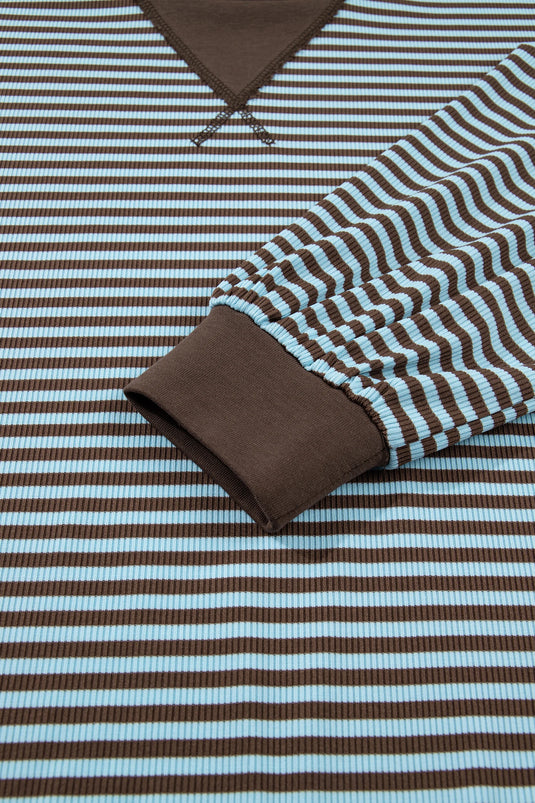 DLLS1083 - Ladies Brown Stripe Oversized Long Sleeve Top Drawstring Loose Shorts 2pcs Set