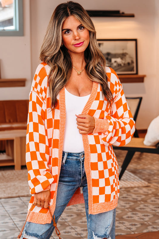 DLLS129 - Ladies Orange Checkered Open Front Drop Shoulder Cardigan