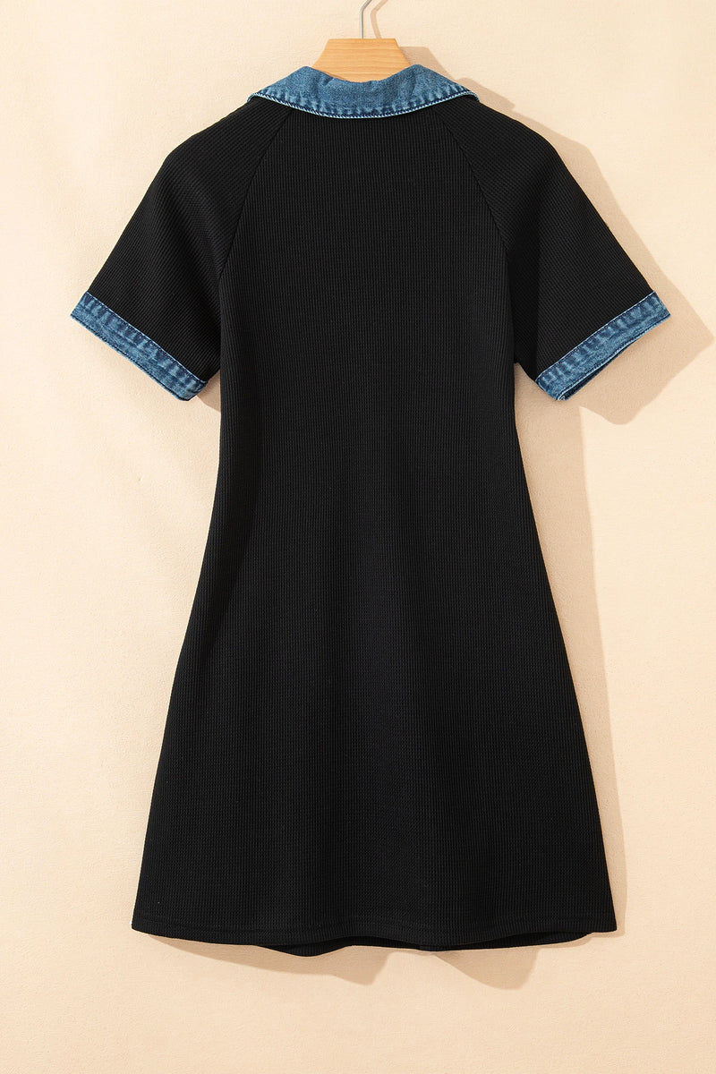 Load image into Gallery viewer, DLLS488 - Ladies Black Waffle Knit Denim Contrast Trim Patchwork Button Polo Tee Dress
