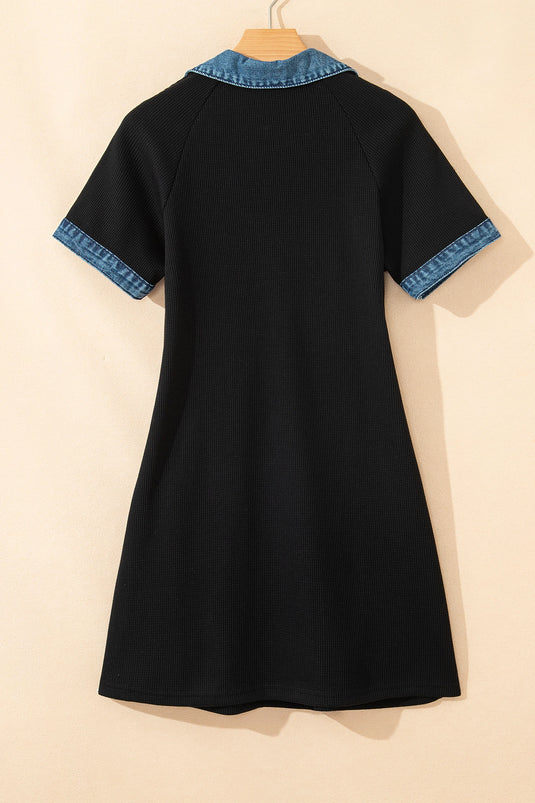 DLLS488 - Ladies Black Waffle Knit Denim Contrast Trim Patchwork Button Polo Tee Dress