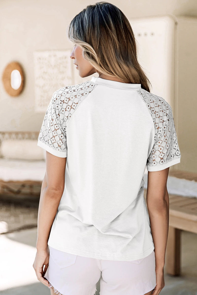 Load image into Gallery viewer, DLLS502 - Ladies White Seamed Detail Contrast Lace Raglan Sleeve Tee
