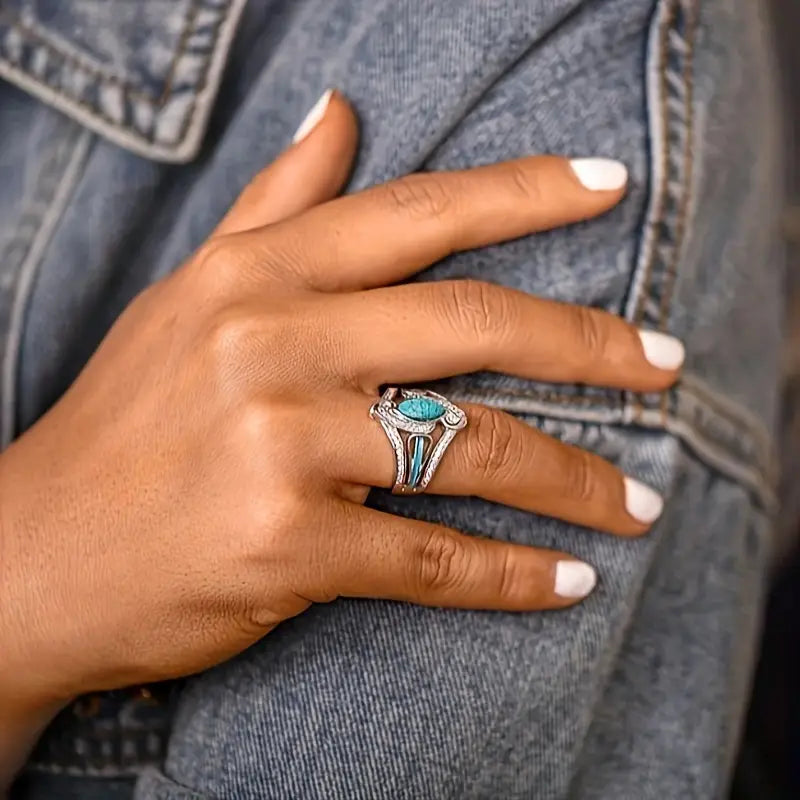 Load image into Gallery viewer, TMRG1 - Turquoise/Zirconia Horse Eye Shaped Ring
