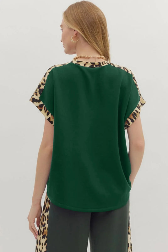 DLLS510 - Ladies Sea Green Leopard Trim Round Neck Loose T Shirt