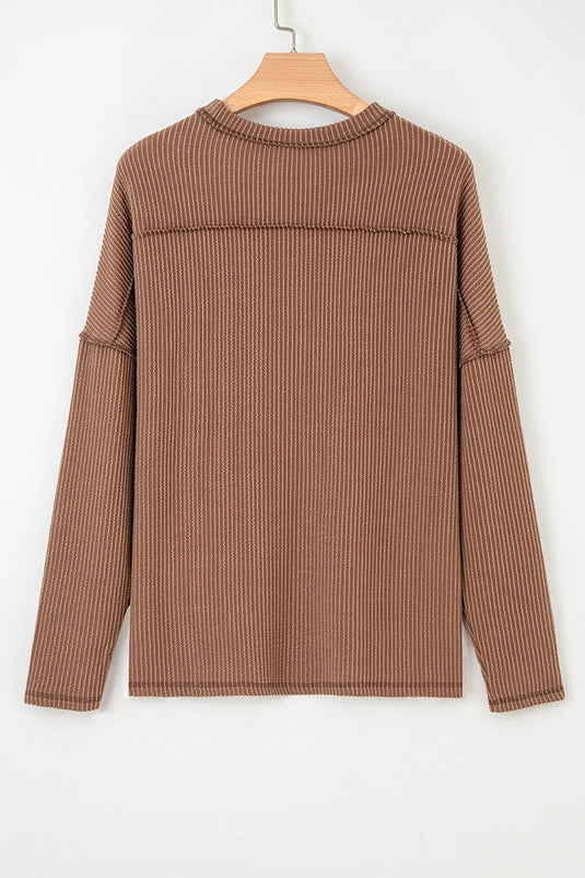 DLLS169 - Ladies Dark Khaki Twist Ribbed Exposed Seam Detail Long Sleeve Loose Top