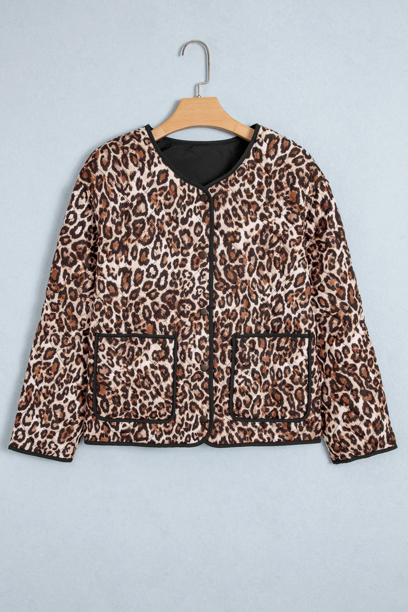 Load image into Gallery viewer, DLLS997 - Ladies Brown Leopard Print Quilted Button Front Patch Pockets Jacket
