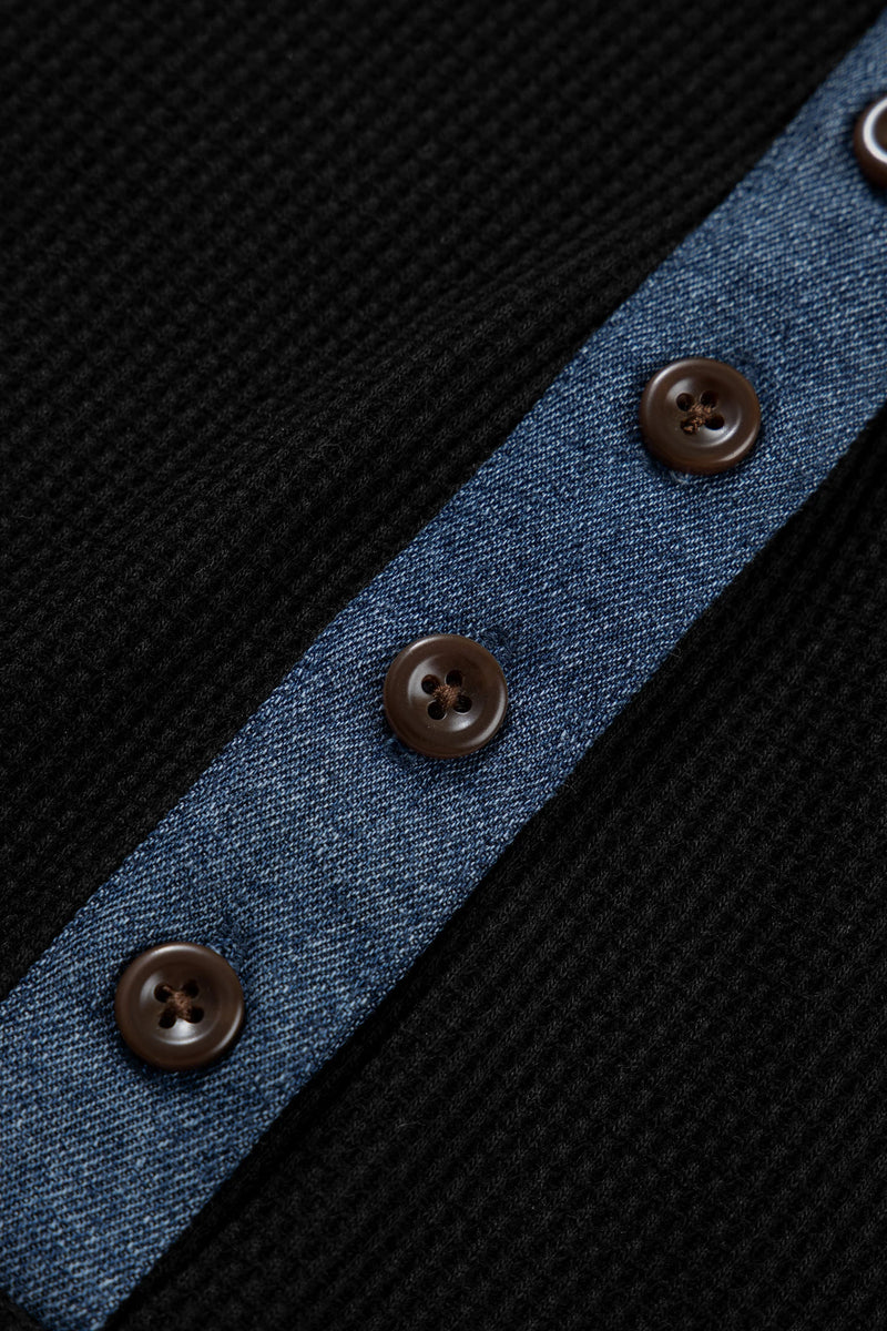 Load image into Gallery viewer, DLLS930 - Ladies Black Textured Knit Denim Patchwork Button Polo Collar Long Sleeve Top
