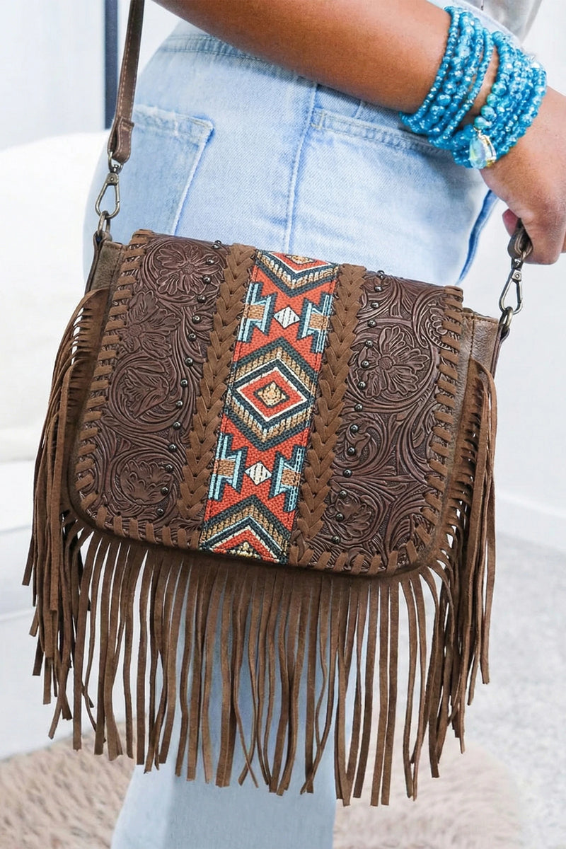 Load image into Gallery viewer, DLLPURSE 1 - Ladies Coffee Western Aztec Bohemian Tassel PU Leather Bag
