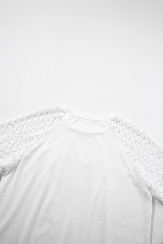 DLLS502 - Ladies White Seamed Detail Contrast Lace Raglan Sleeve Tee