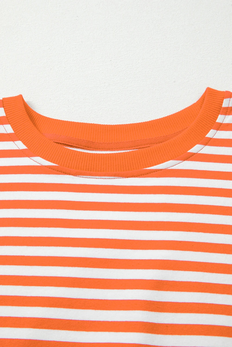 Load image into Gallery viewer, DLLS422 - Ladies Orange Stripe Exposed Seam Drop Shoulder Casual Pullover Top
