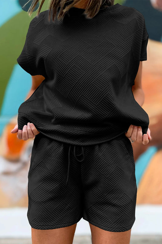 DLLS490 - Ladies Black Textured Short Sleeve Top and Shorts Set