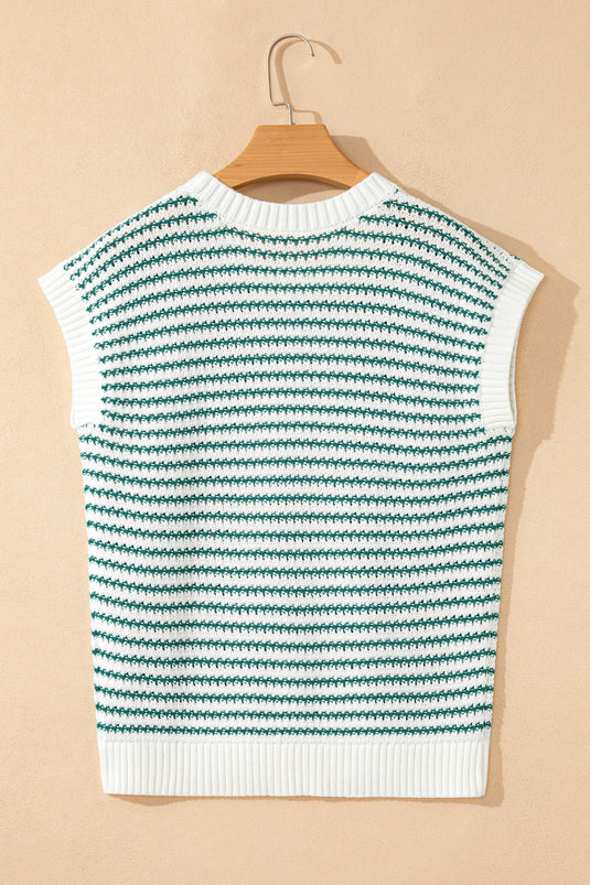 DLLS509 - Ladies Green Stripe Ribbed Trim Loose Fit Knitted Sweater Vest