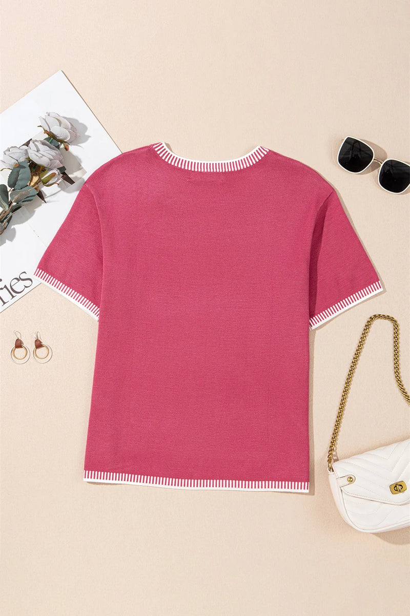 Load image into Gallery viewer, DLLS485 - Ladies Rose Red Contrast Striped Trim Round Neck Half Sleeve Sweater
