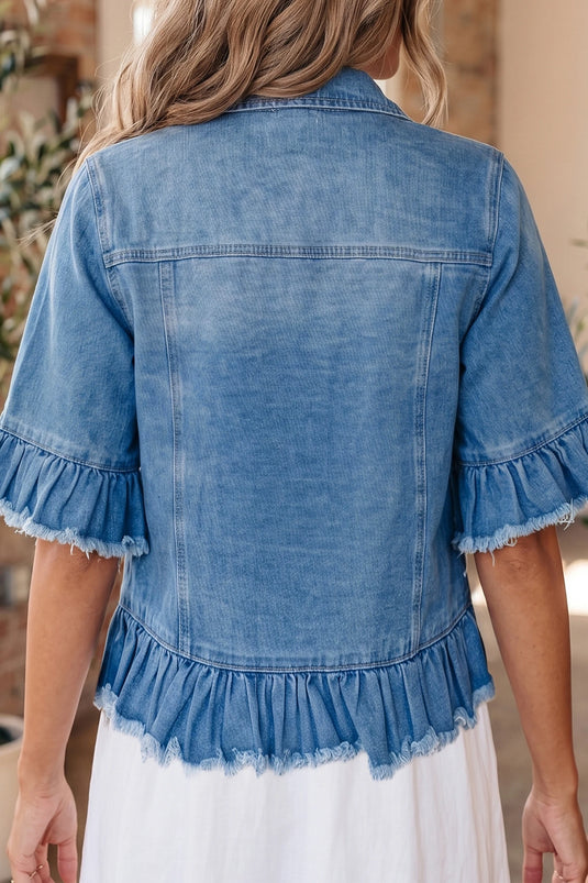 DLLS649 - Ladies Blue Ruffle Hem Denim Jacket Half Sleeve Western Style