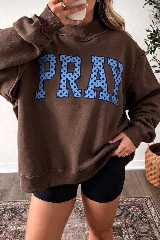 DLLS1032 - Ladies Coffee PRAY Polka Dot Embroidered Mock Neck Sweatshirt