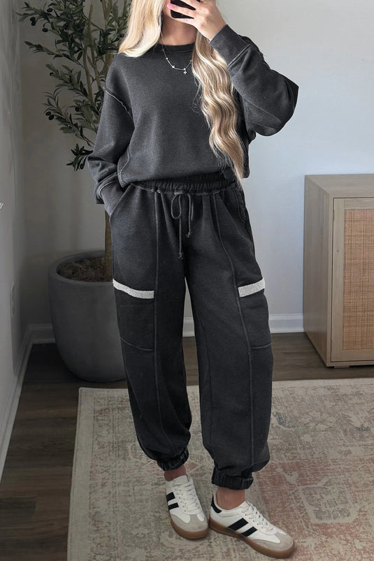 DLLS1084 - Ladies Carbon Grey Solid Colorblock Jogger Pants Set