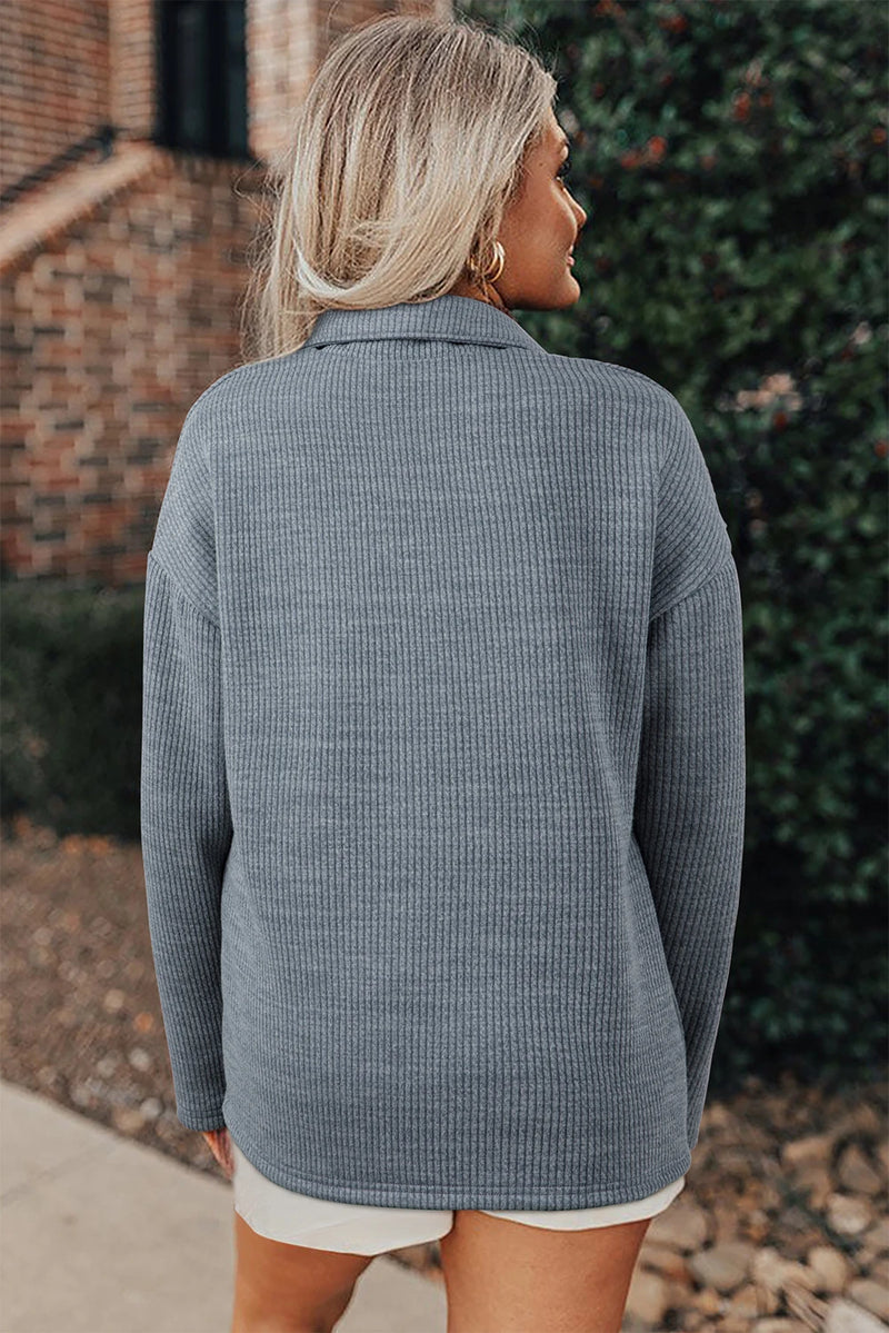 Load image into Gallery viewer, DLLS271 - Ladies Medium Grey Ribbed Knit Buttons Front Flap Pocket Casual Shacket
