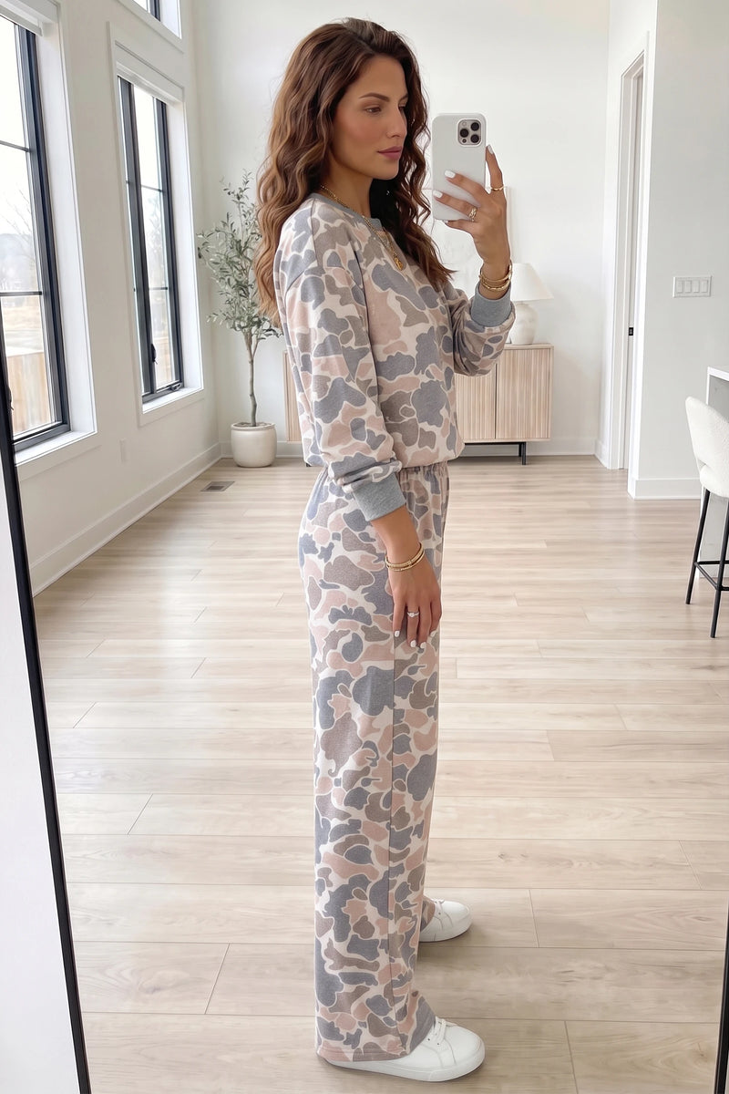 Load image into Gallery viewer, DLLS771 - Ladies Multicolour Camouflage Print Long Sleeve Top Loose 2pcs Pants Set
