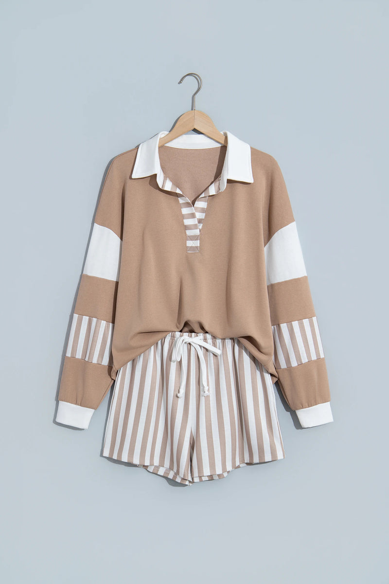Load image into Gallery viewer, DLLS1102 - Ladies Smoke Gray Striped Color Block Pullover Top Drawstring Shorts Set
