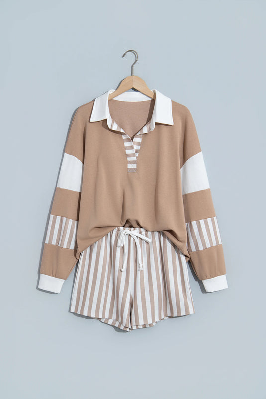 DLLS1102 - Ladies Smoke Gray Striped Color Block Pullover Top Drawstring Shorts Set