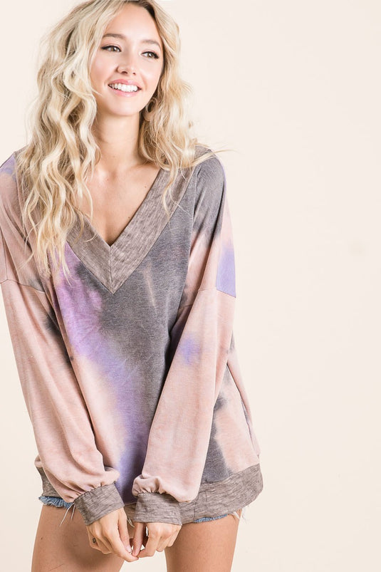 BIBI1- Ladies Tie Dye French Terry V Neck Top With Contrast Band
