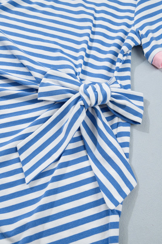 DLLS571 - Ladies Sky Blue Stripe Nautical Tie Contrast Trim Round Neck T Shirt Mini Dress
