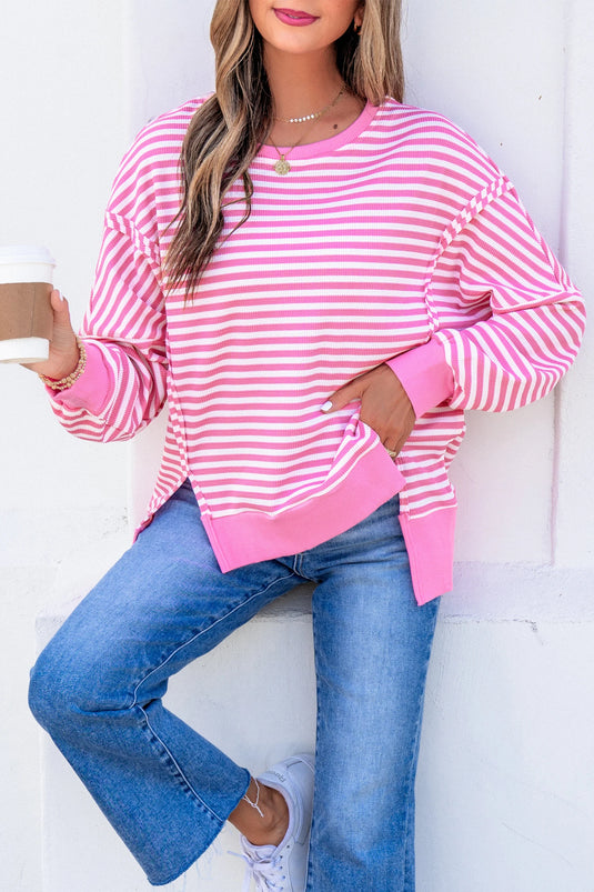 DLLS1134 - Ladies Pink Stripe Textured Knit Color Block Trim Split Hem Long Sleeve Top