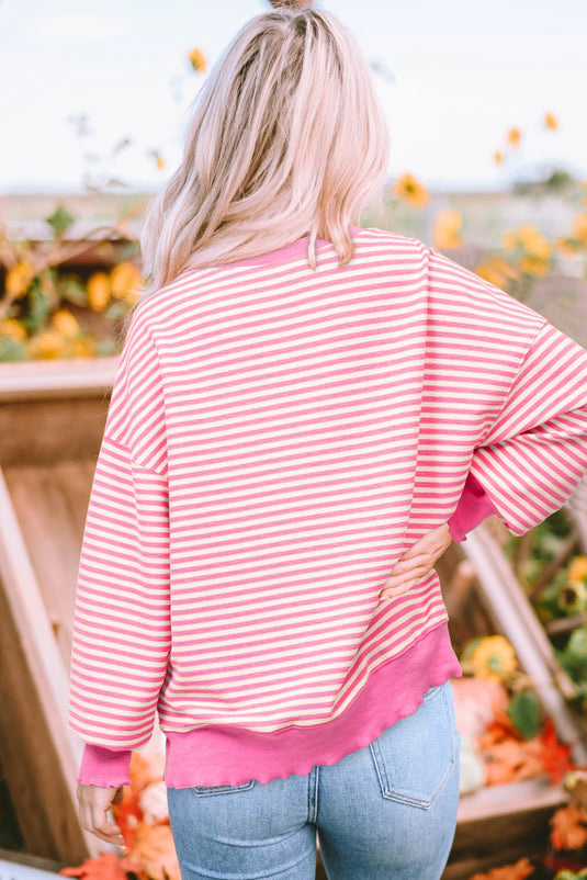 DLLS346 - Ladies Pink Stripe Loose Drop Shoulder Long Sleeve Top