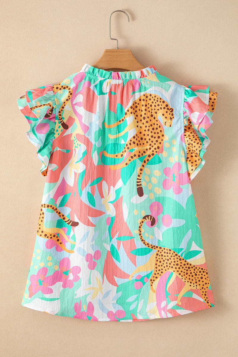 Load image into Gallery viewer, DLLS563 - Ladies Green Frilly Ruffle Tie Split Neck Summer Floral Blouse

