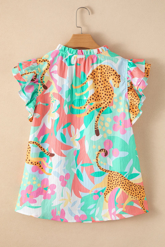 DLLS563 - Ladies Green Frilly Ruffle Tie Split Neck Summer Floral Blouse