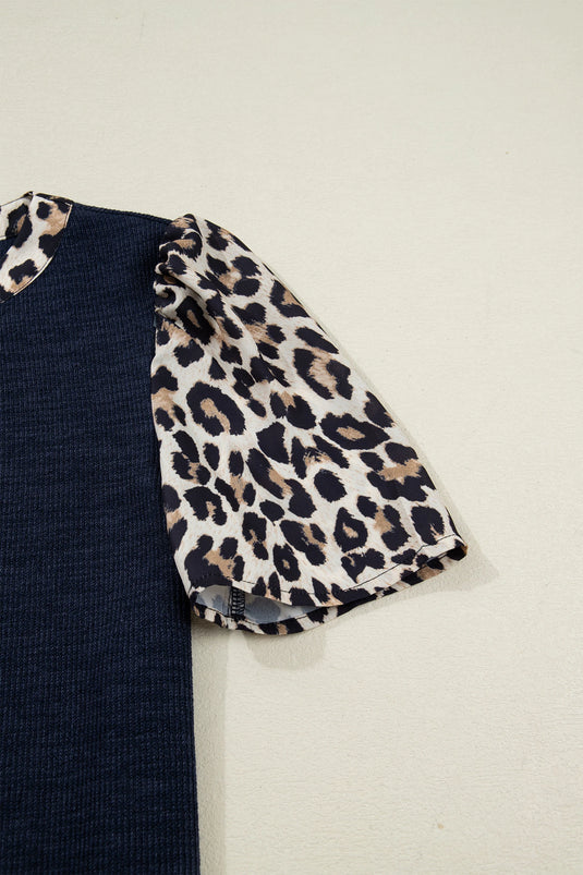 DLLS341 - Ladies Navy Blue Ribbed Contrast Leopard Patchwork Short Sleeve Top