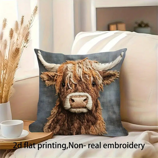 TMPL134 - 1 Piece - 18" x 18" Rustic Muted Highland Cow Throw Pillow