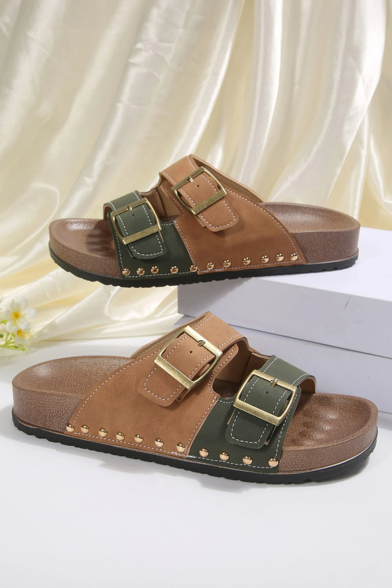 Load image into Gallery viewer, DLLSHOE 102 - Blackish Green Retro Buckle Cutout Straps PU Leather Studded Slippers
