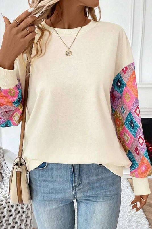 DLLS144 - Ladies Apricot Geometric Printed Patchwork Long Sleeve Round Neck Top