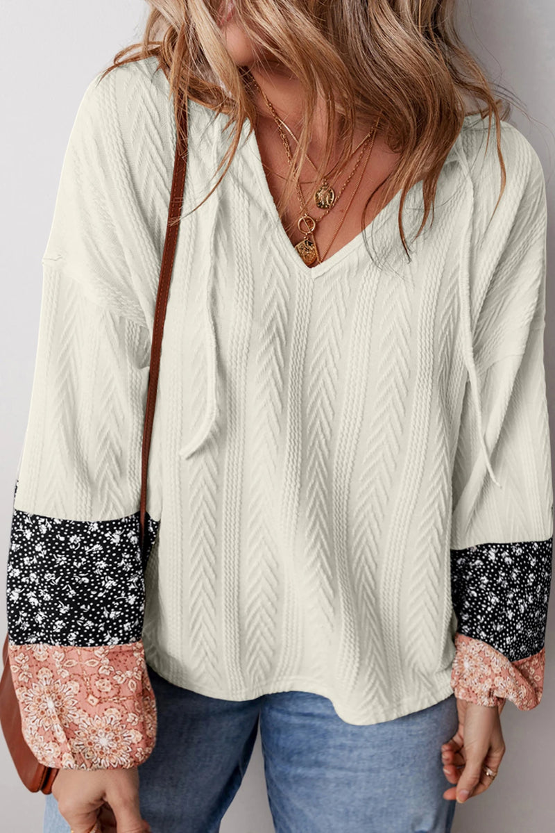 Load image into Gallery viewer, DLLS281 - Ladies White Floral Patchwork Textured Knit Drawstring V Neck Blouse
