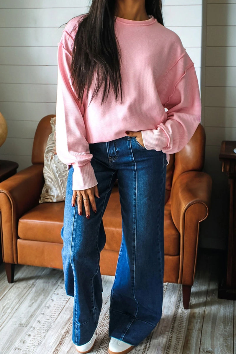 Load image into Gallery viewer, DLLS355 - Ladies Pink Horizontal Ribbed Exposed Seam Detail Long Sleeve Top
