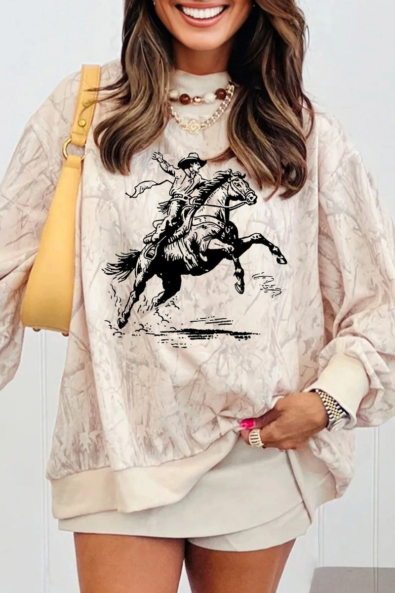 Load image into Gallery viewer, DLLS1017 - Ladies Khaki Western Rodeo Riding Print Tie-Dye Mock Neck Sweatshirt
