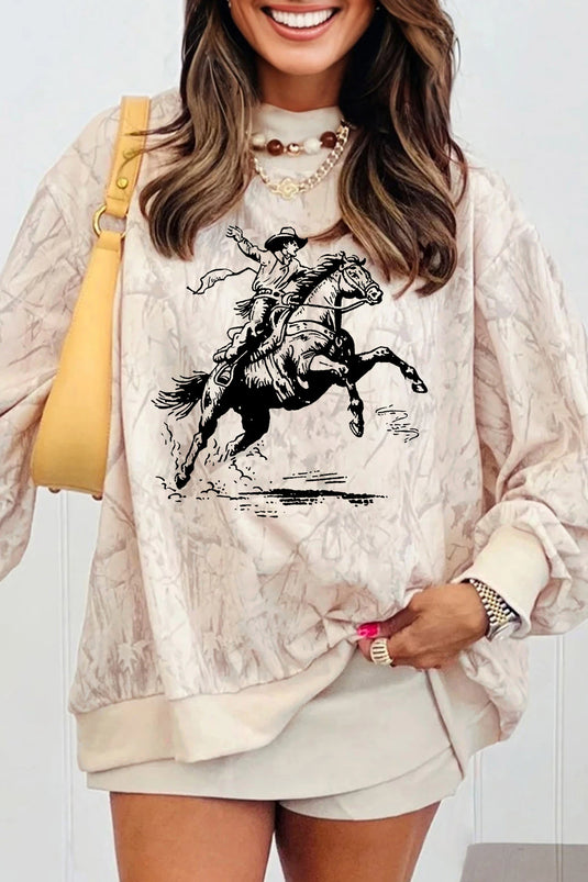 DLLS1017 - Ladies Khaki Western Rodeo Riding Print Tie-Dye Mock Neck Sweatshirt